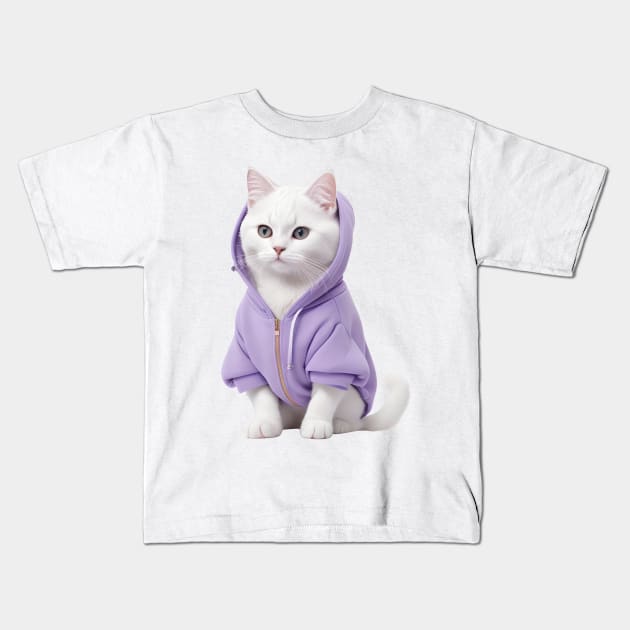 White British Short hair Cat wearing purple t-shirt Kids T-Shirt by Luckymoney8888